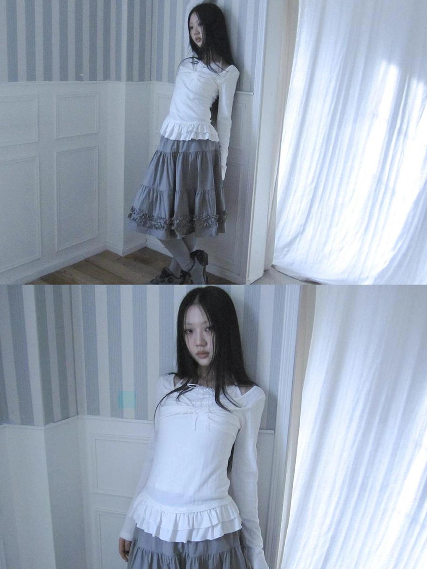 ang project Textured Blend Layered Neck Tie Long Sleeve Tee T-shirt