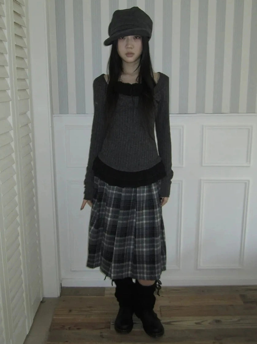 ang project Textured Blend Layered Neck Tie Long Sleeve Tee T-shirt