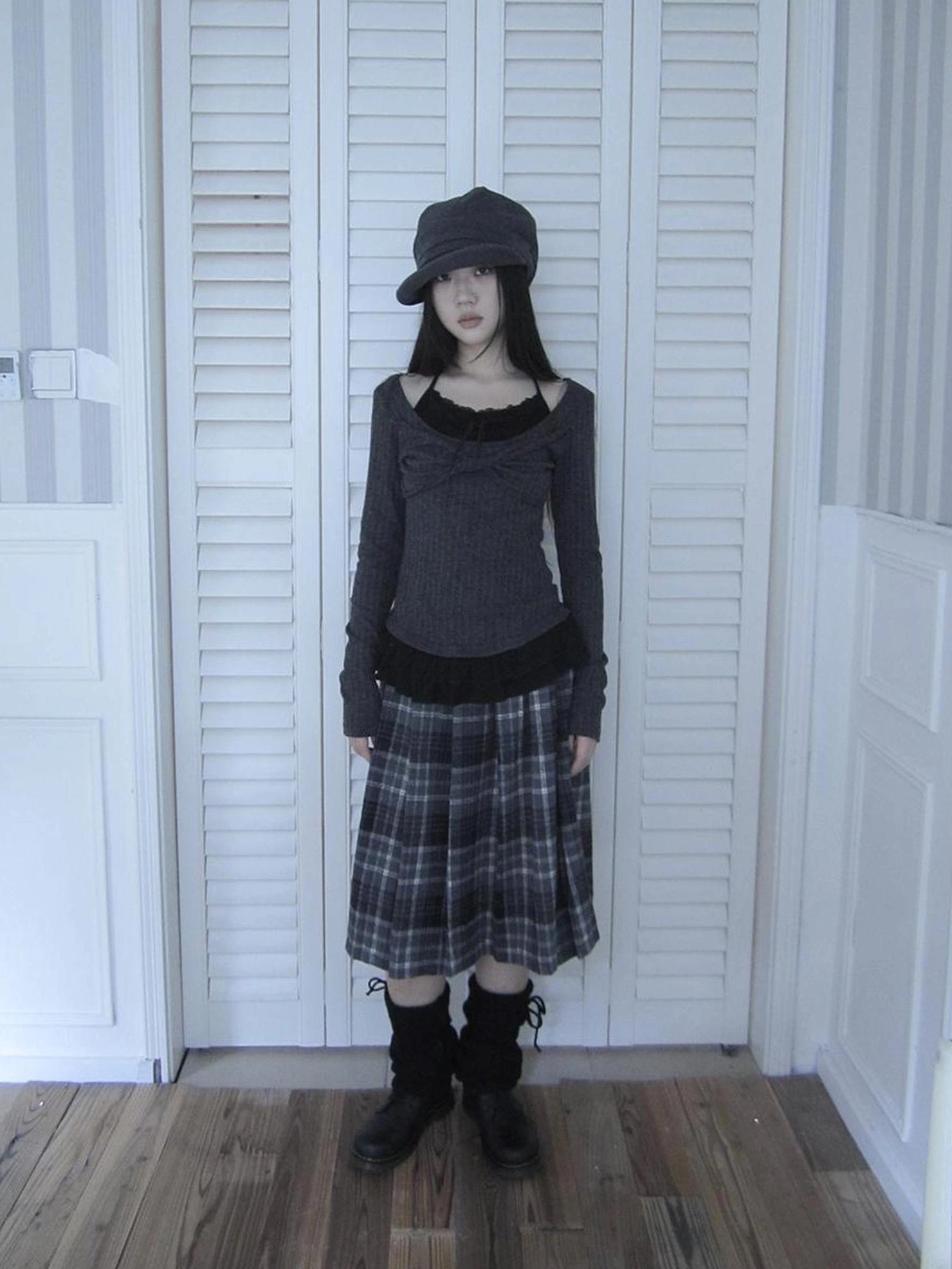 ang project Textured Blend Layered Neck Tie Long Sleeve Tee T-shirt