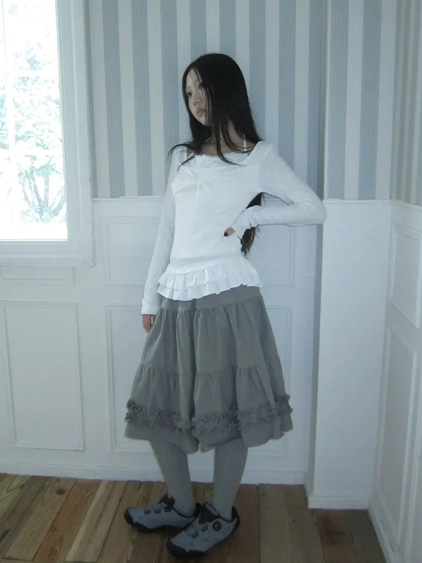 ang project Textured Blend Layered Neck Tie Long Sleeve Tee T-shirt