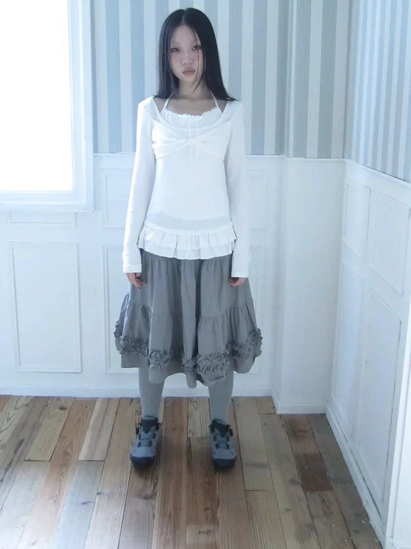 ang project Textured Blend Layered Neck Tie Long Sleeve Tee T-shirt