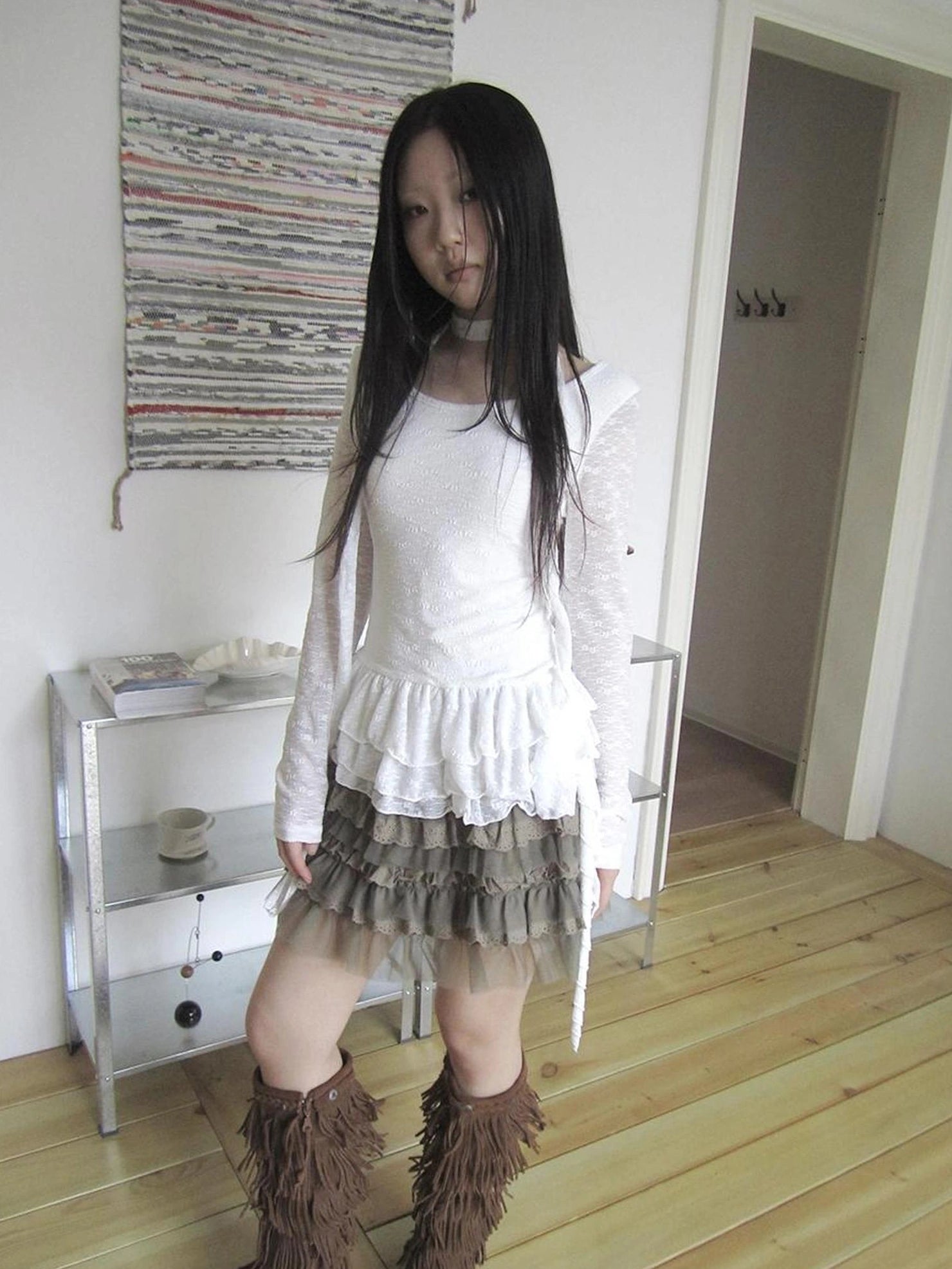 ang project Textured Knit Dress With Scarf And Layered Skirt T-shirt