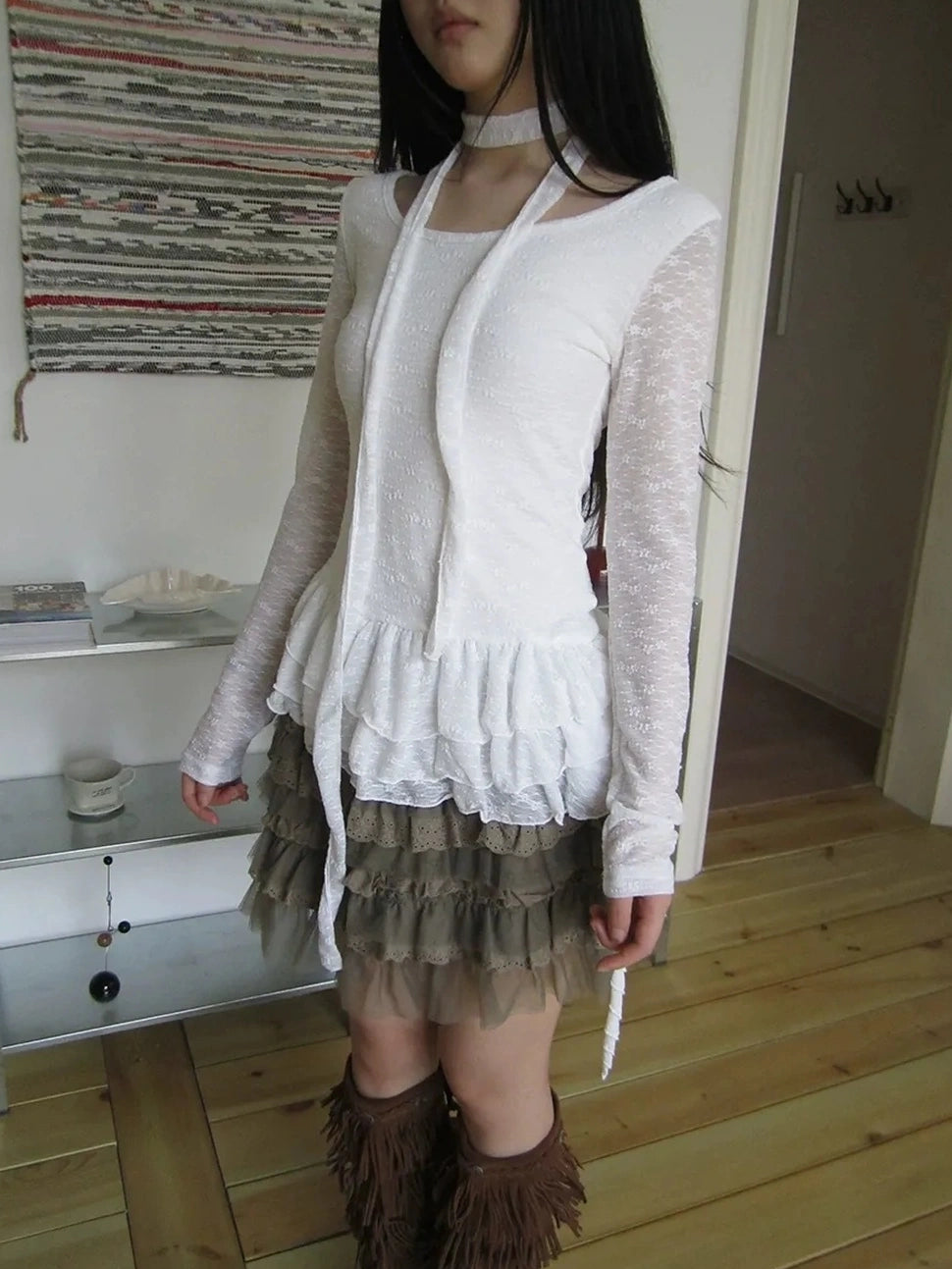 ang project Textured Knit Dress With Scarf And Layered Skirt T-shirt