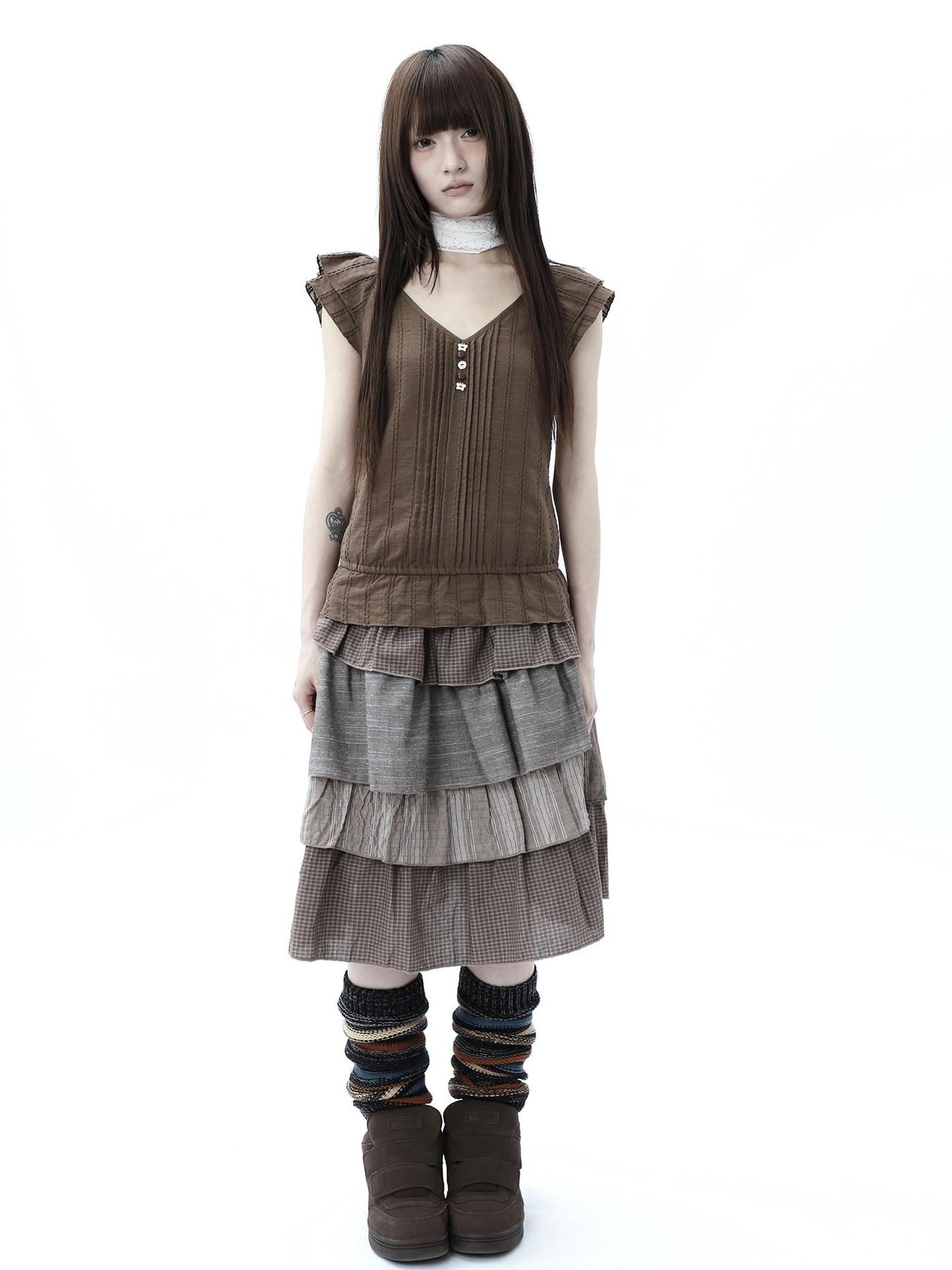 ang project Textured Pleated Ruffle V-neck Flutter Sleeve Women&