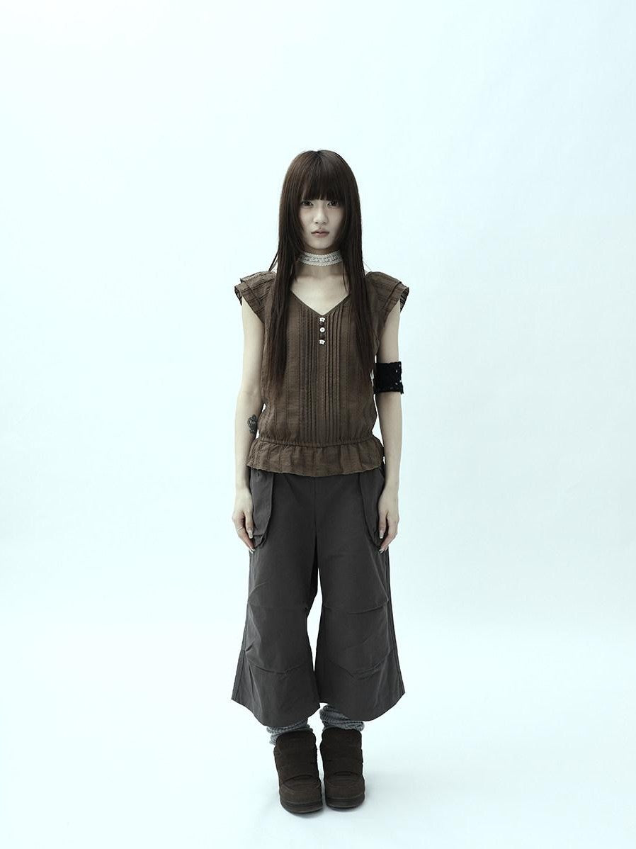 ang project Textured Pleated Ruffle V-neck Flutter Sleeve Women&