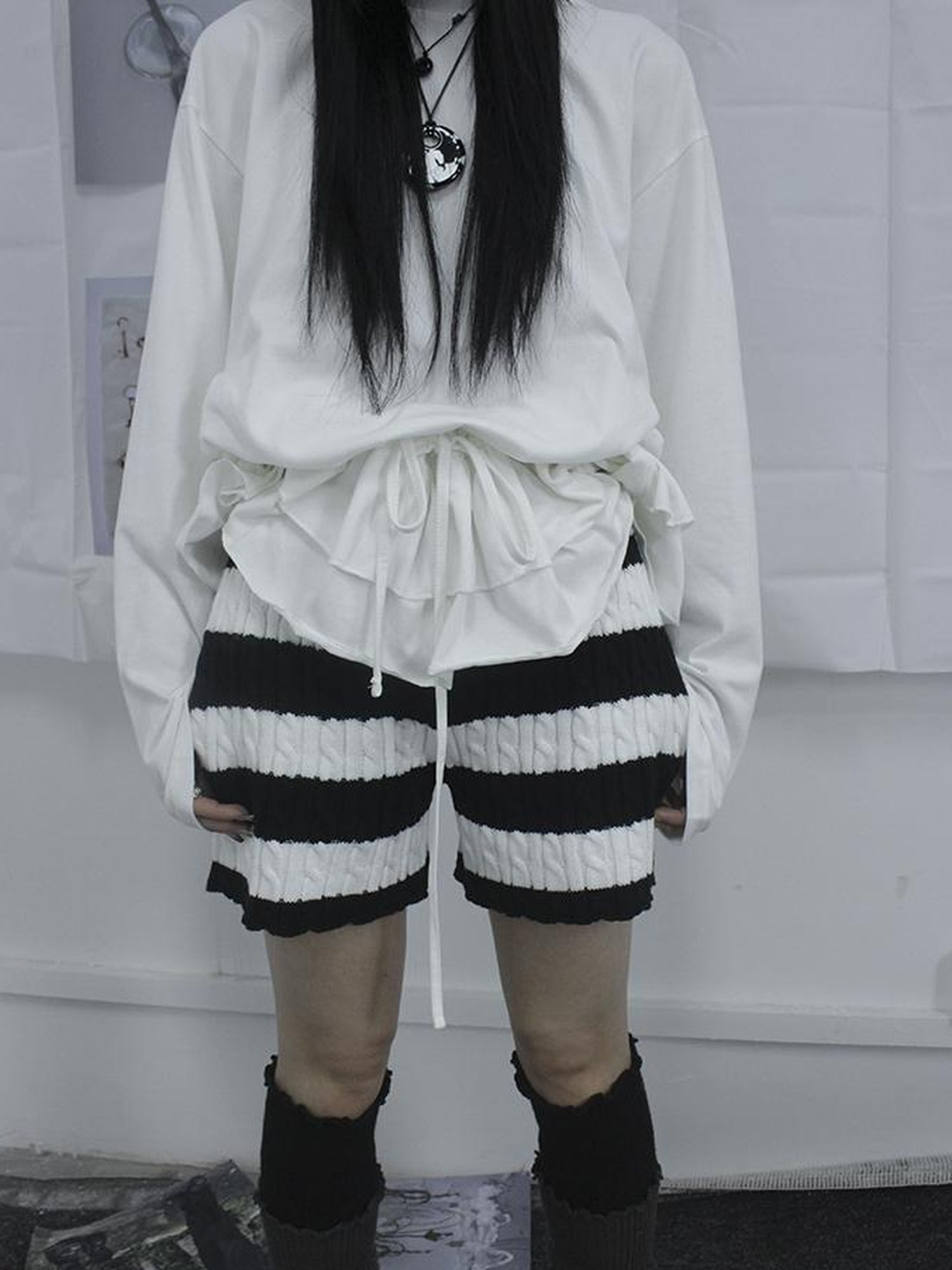 ang project Textured Stripe Knit Shorts Women Stretch Slim Fit Color Block