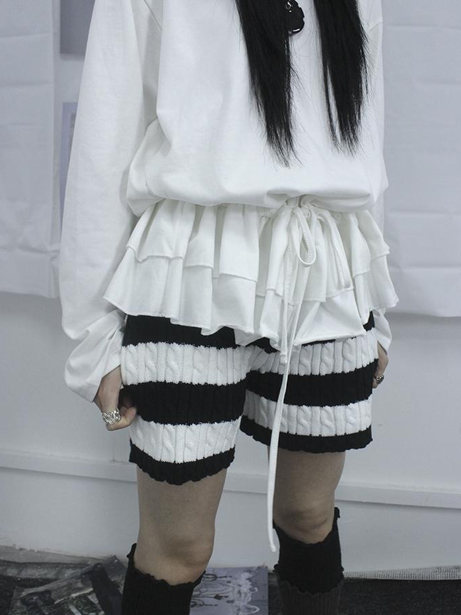 ang project Textured Stripe Knit Shorts Women Stretch Slim Fit Color Block