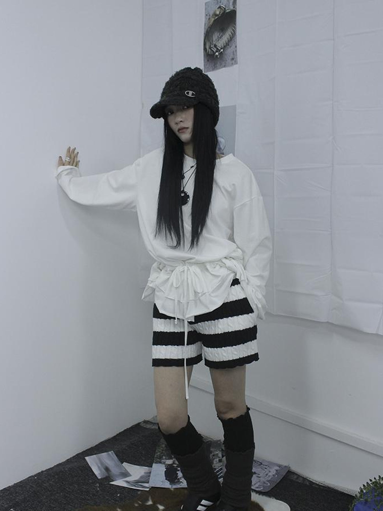 ang project Textured Stripe Knit Shorts Women Stretch Slim Fit Color Block