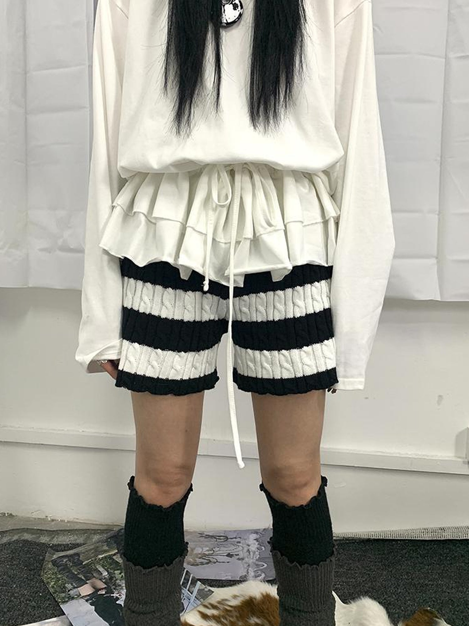 ang project Textured Stripe Knit Shorts Women Stretch Slim Fit Color Block