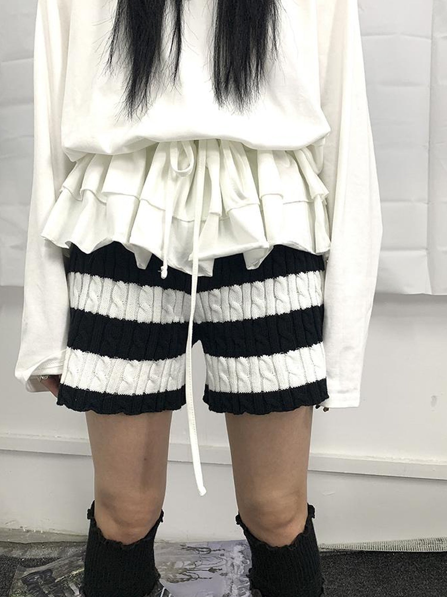 ang project Textured Stripe Knit Shorts Women Stretch Slim Fit Color Block