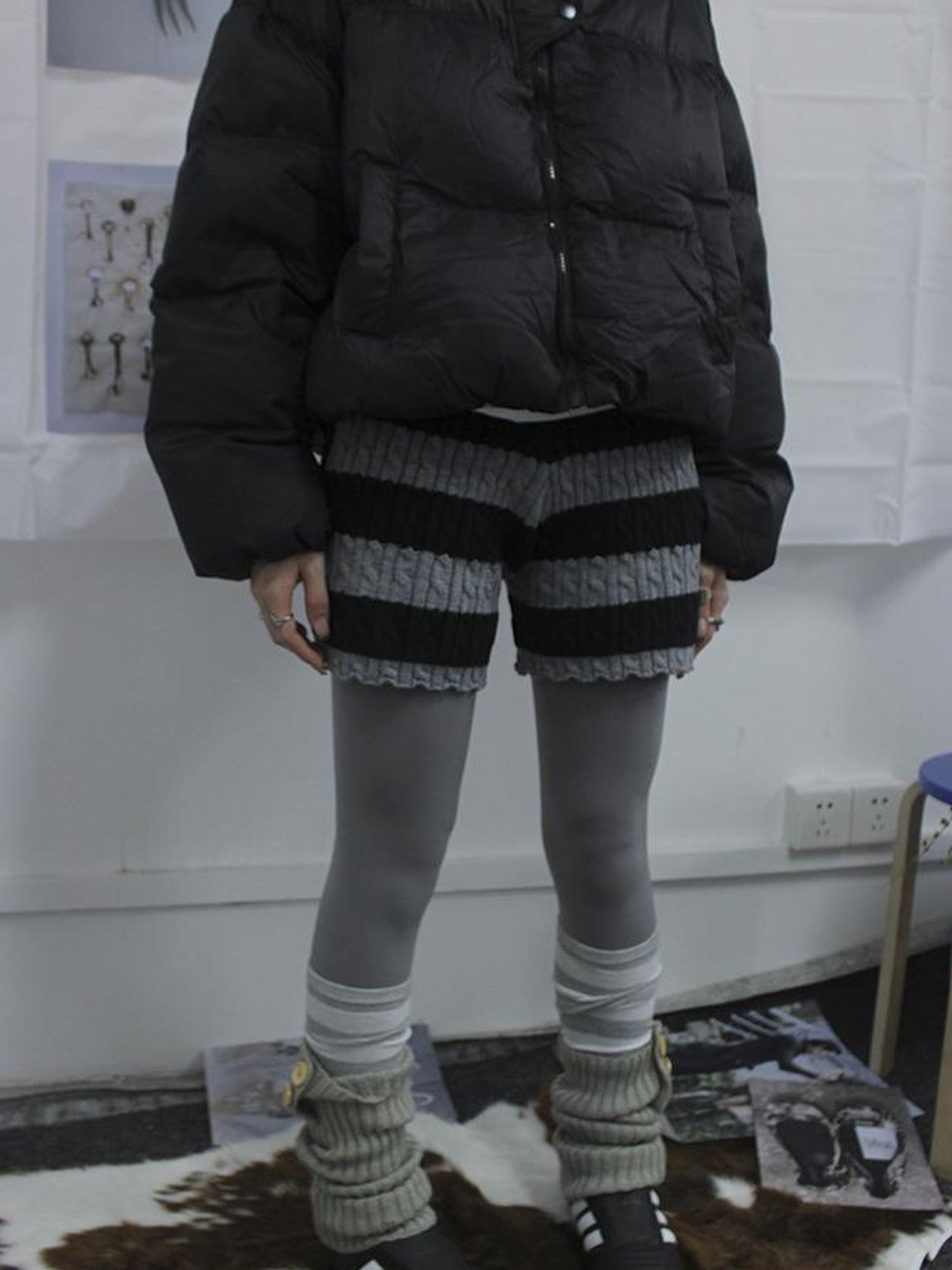 ang project Textured Stripe Knit Shorts Women Stretch Slim Fit Color Block