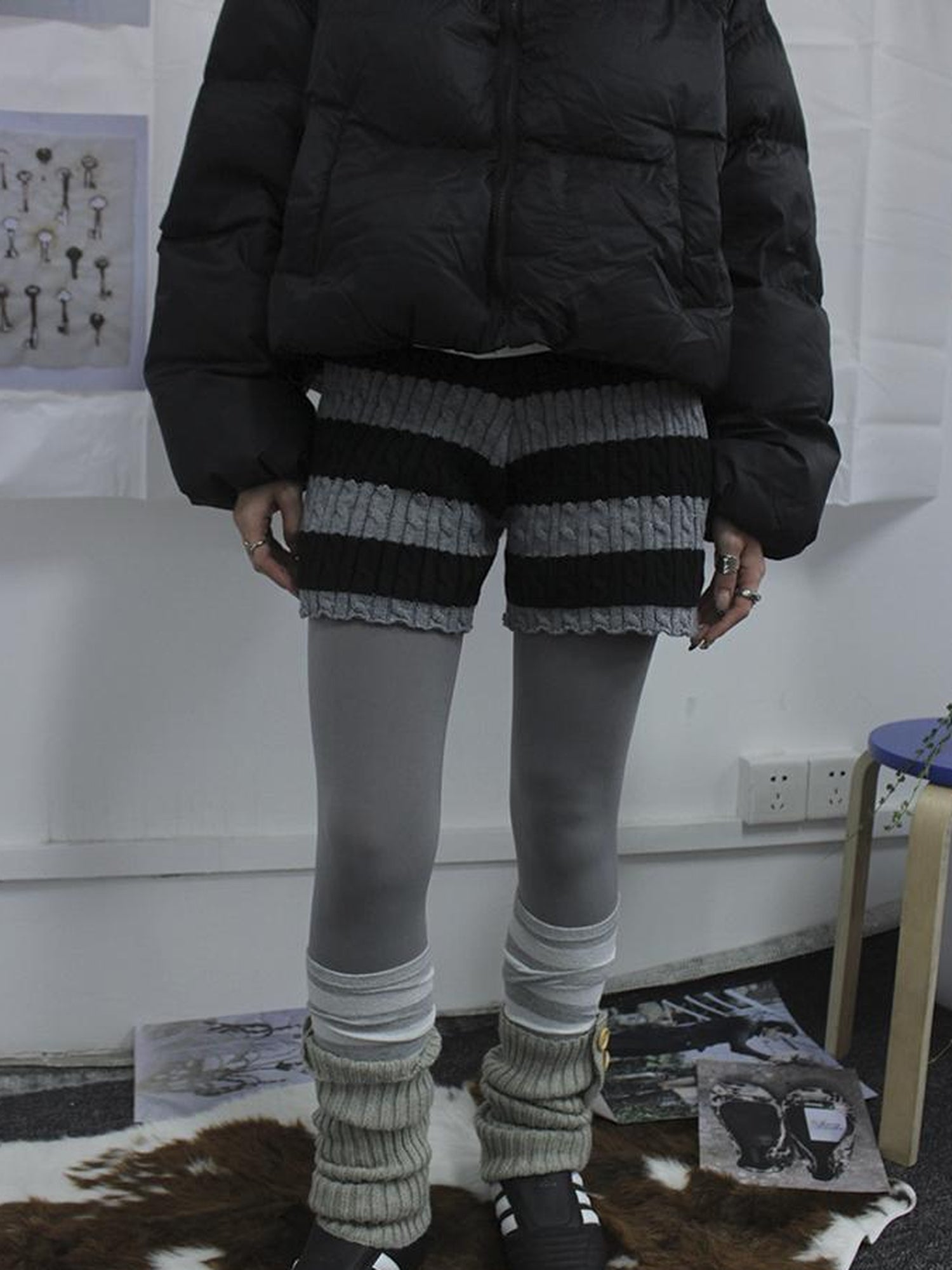 ang project Textured Stripe Knit Shorts Women Stretch Slim Fit Color Block