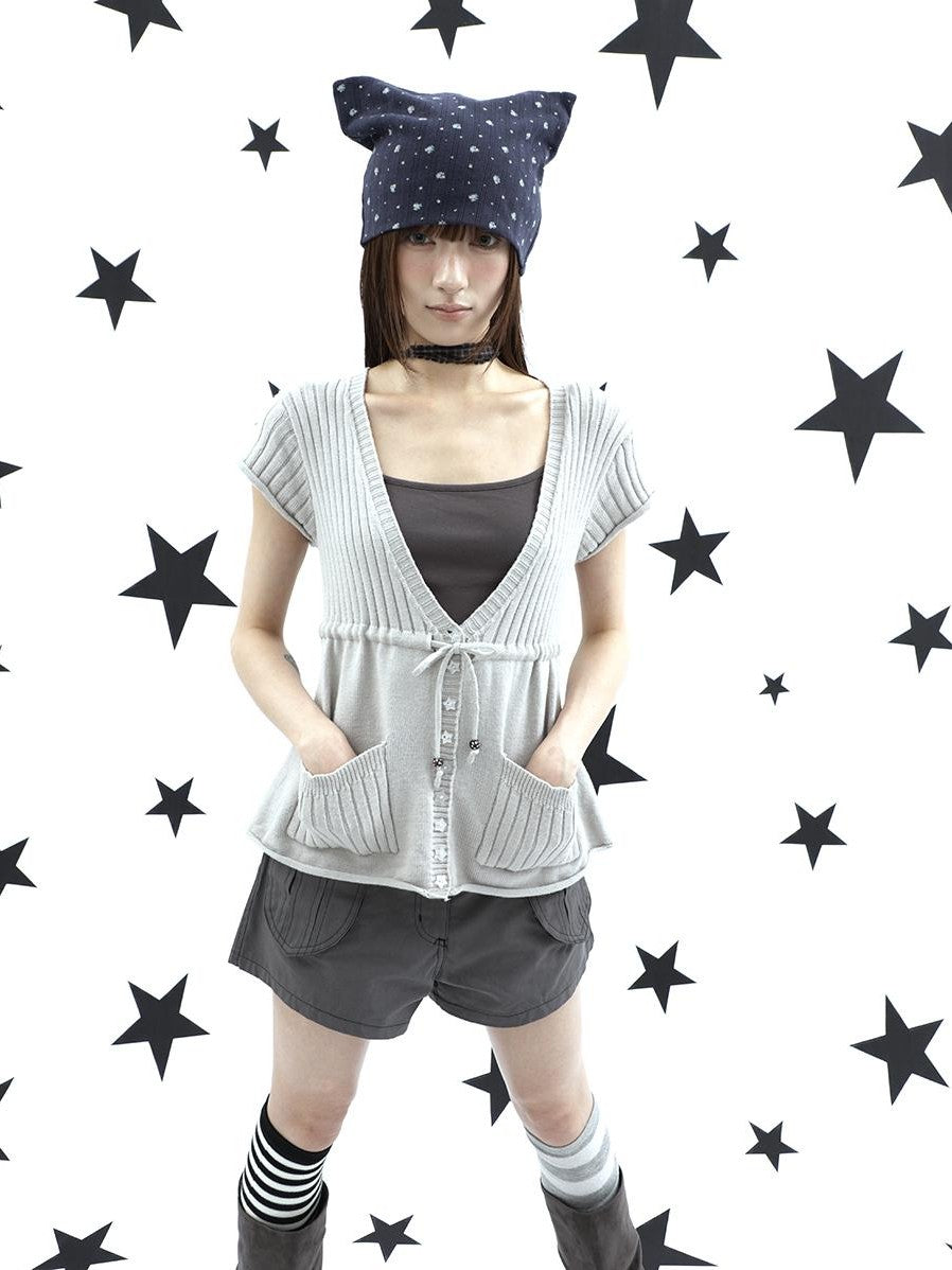 ang project Textured V-neck Drawstring Pocket Loose Women&