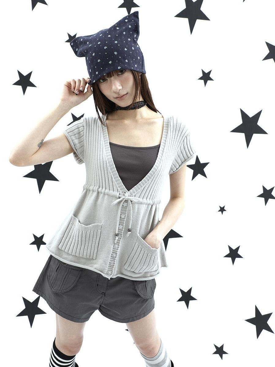 ang project Textured V-neck Drawstring Pocket Loose Women&