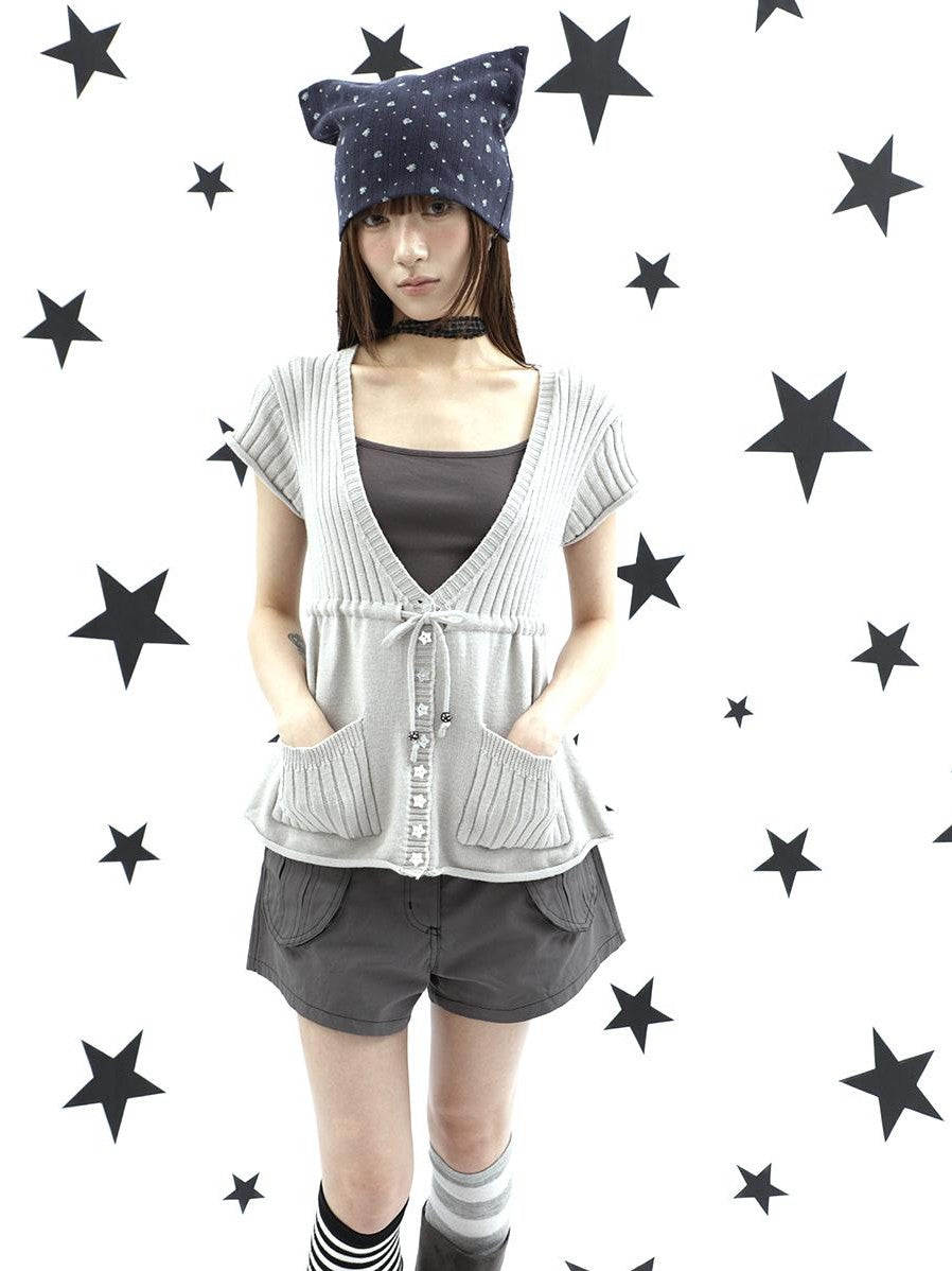 ang project Textured V-neck Drawstring Pocket Loose Women&