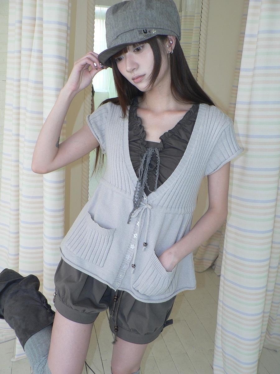 ang project Textured V-neck Drawstring Pocket Loose Women&