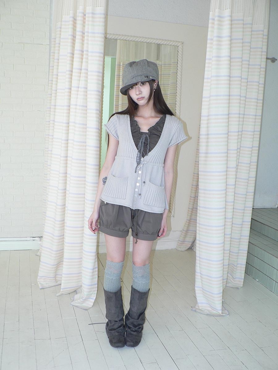 ang project Textured V-neck Drawstring Pocket Loose Women&