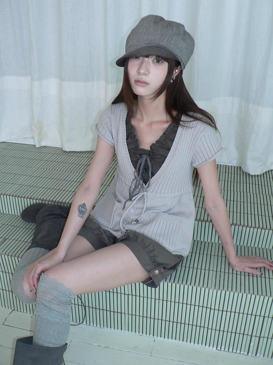 ang project Textured V-neck Drawstring Pocket Loose Women&