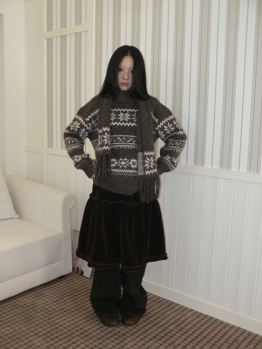 ang project Thermal Vintage Loose Printed Knit Women Crew Neck Coffee Brown Sweater