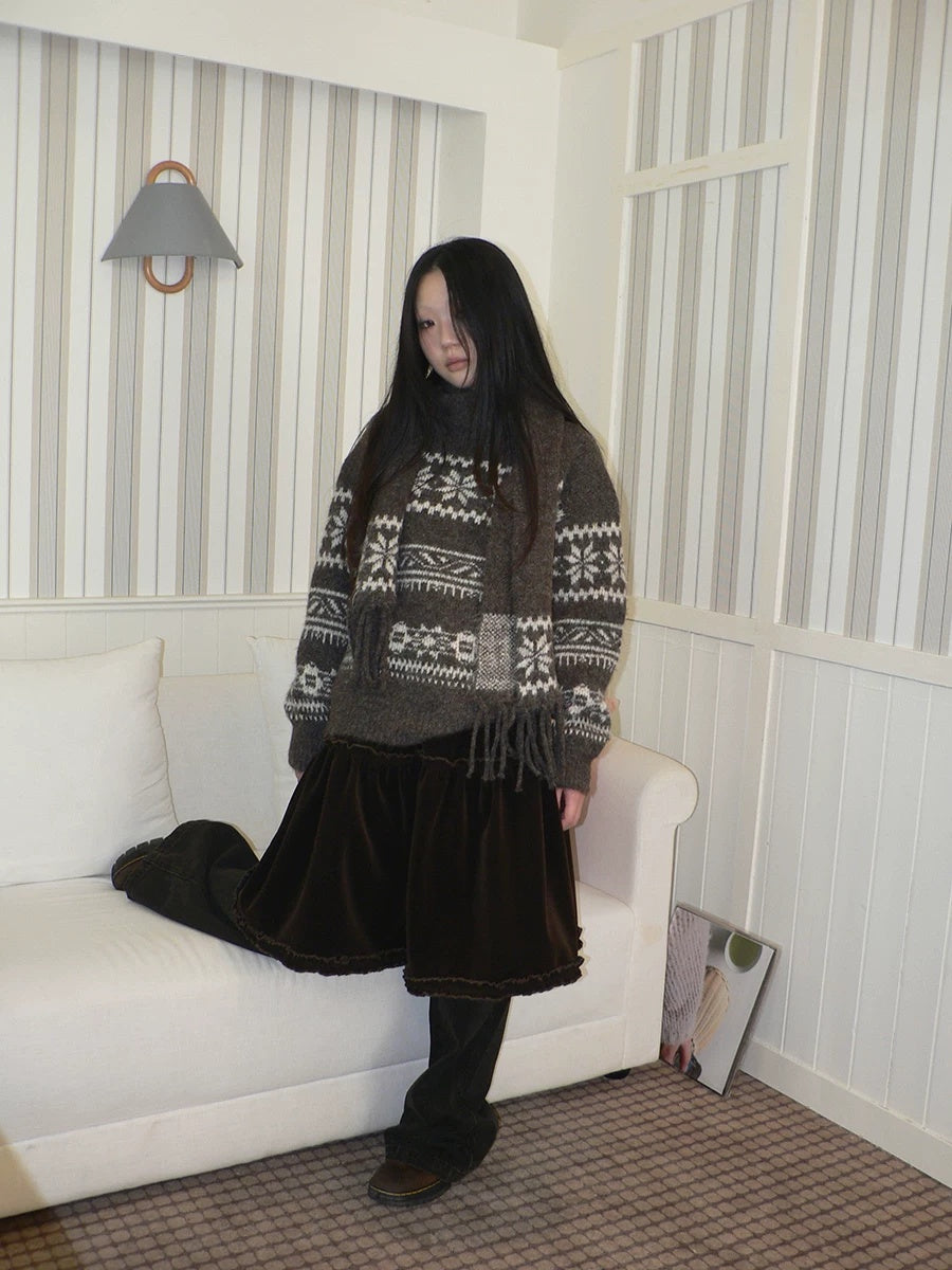 ang project Thermal Vintage Loose Printed Knit Women Crew Neck Coffee Brown Sweater