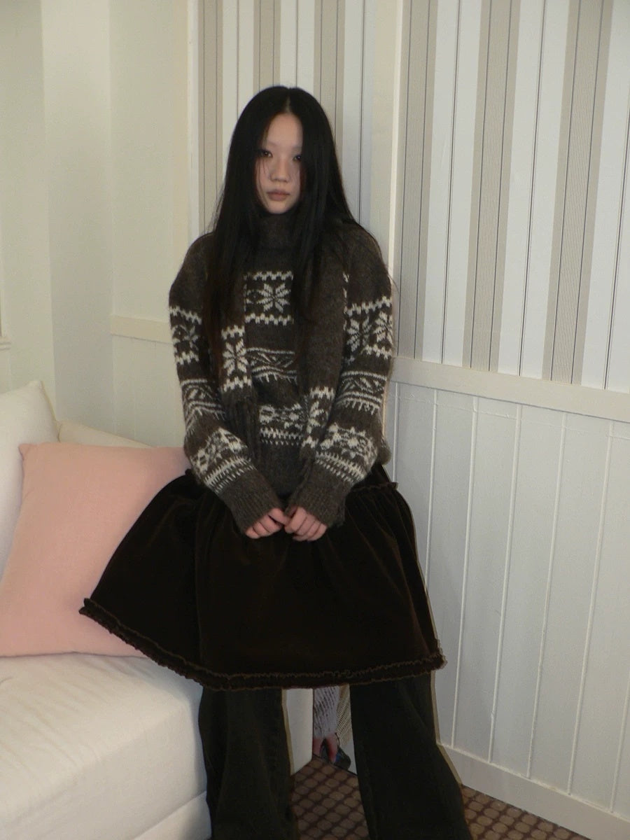 ang project Thermal Vintage Loose Printed Knit Women Crew Neck Coffee Brown Sweater