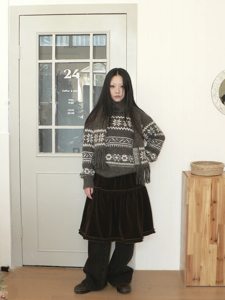ang project Thermal Vintage Loose Printed Knit Women Crew Neck Coffee Brown Sweater