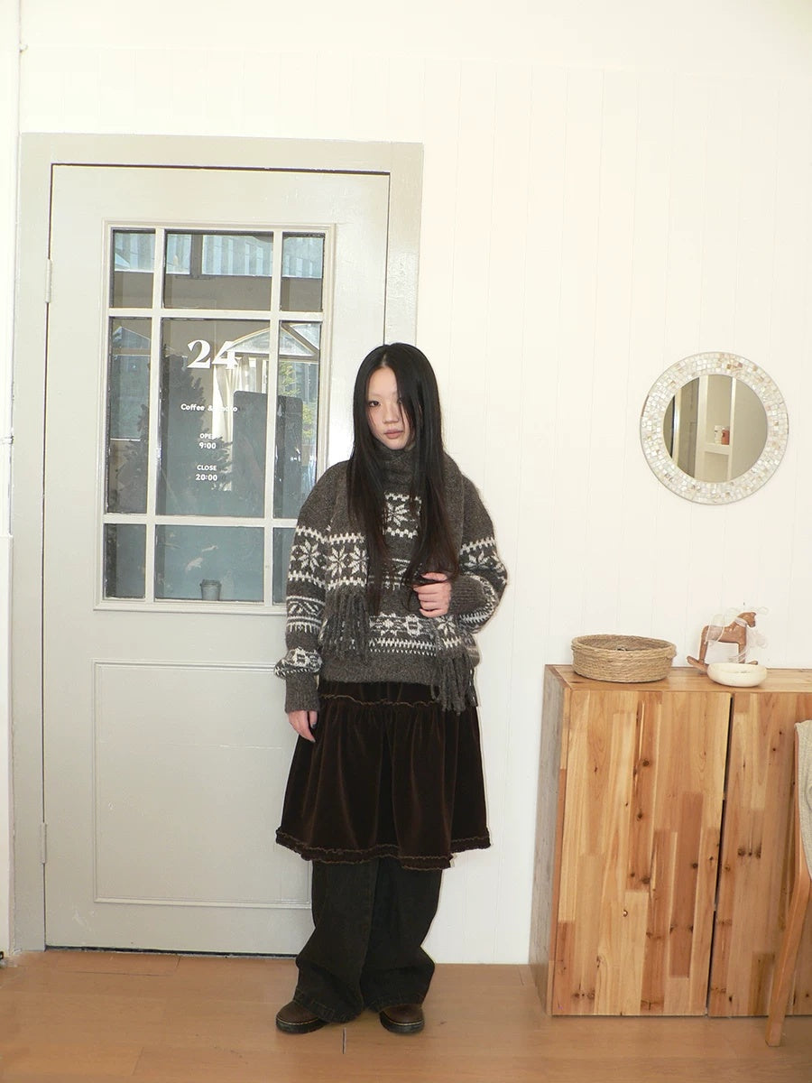 ang project Thermal Vintage Loose Printed Knit Women Crew Neck Coffee Brown Sweater