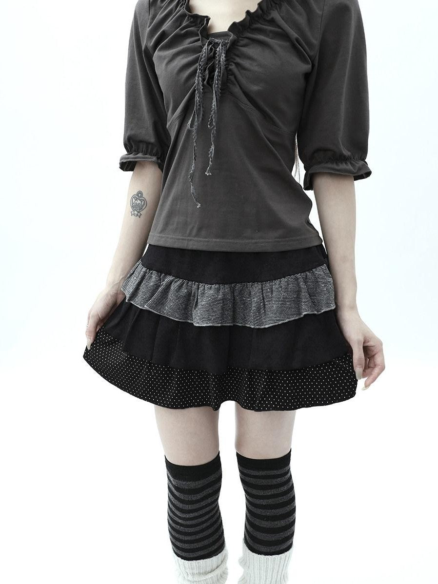 ang project Tiered Ruffle Striped Polka Dot Patchwork Women&