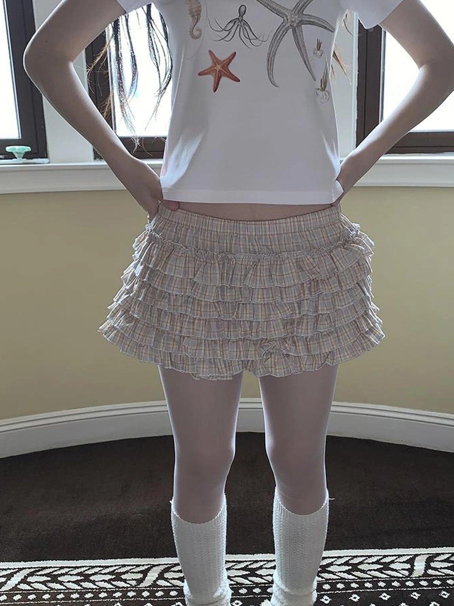 Tiered Sweet Plaid High Waisted Shorts Skirt With Elastic Waistband