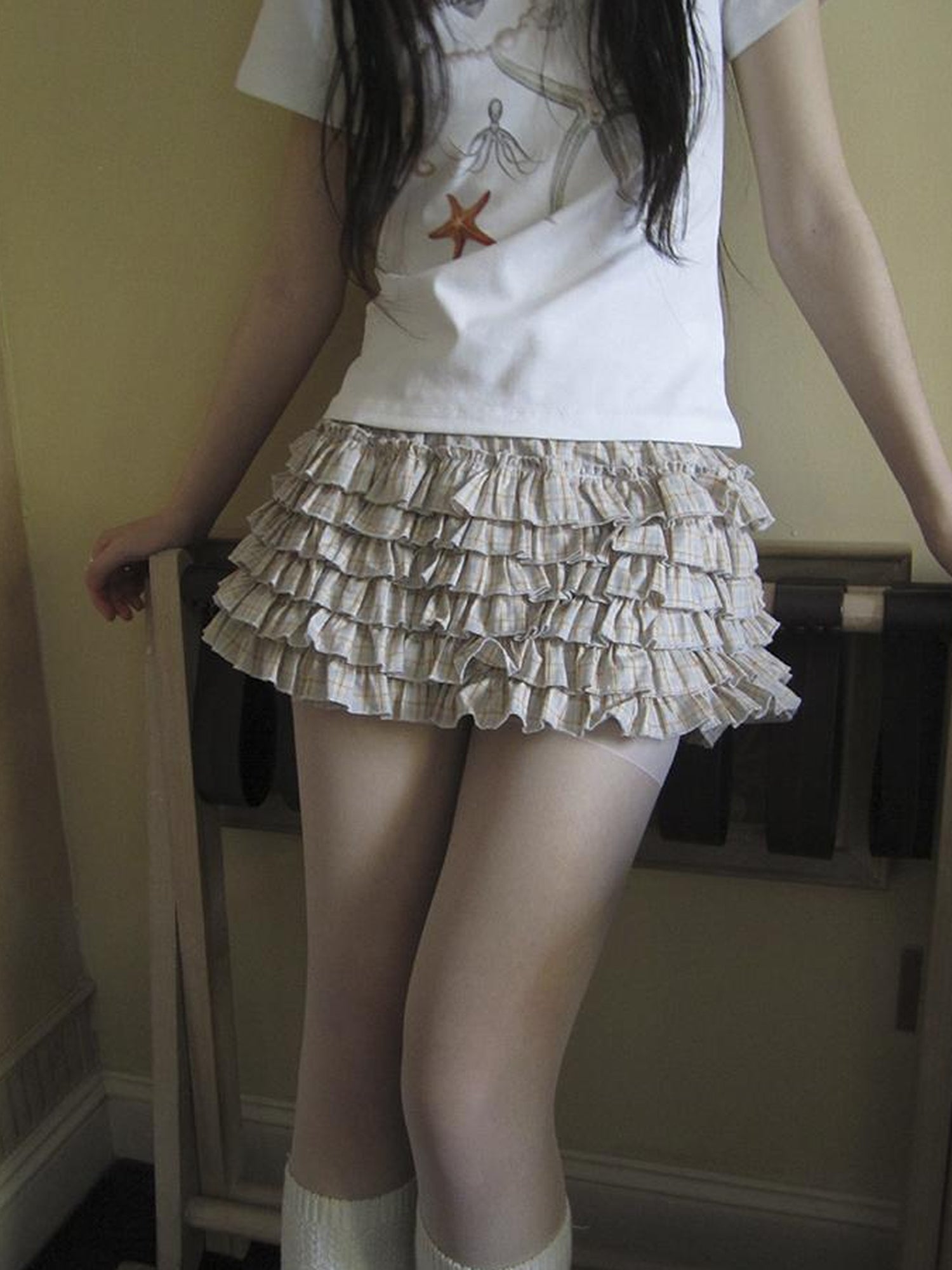 ang project Tiered Sweet Plaid High Waisted Shorts Skirt With Elastic Waistband