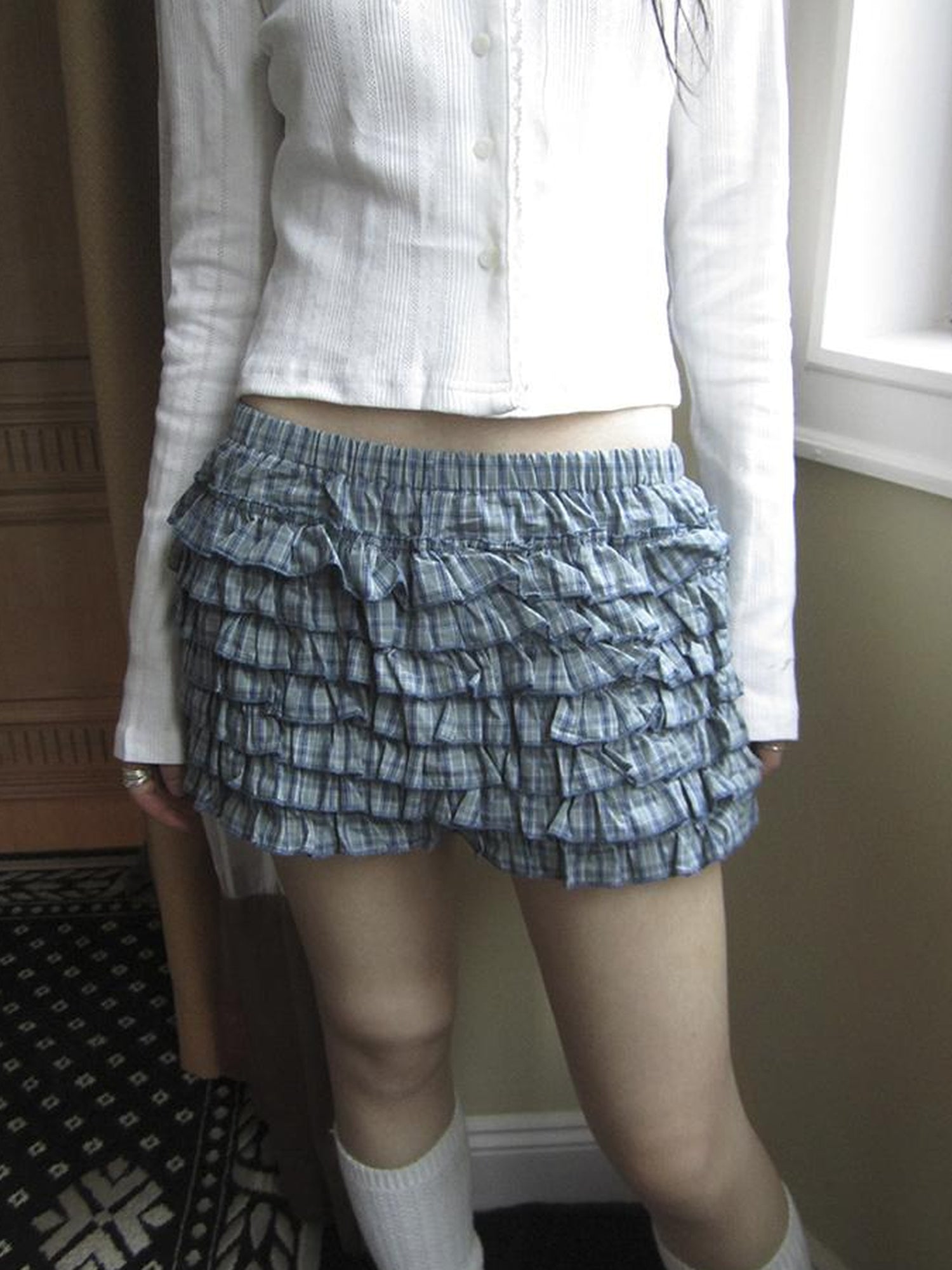 ang project Tiered Sweet Plaid High Waisted Shorts Skirt With Elastic Waistband