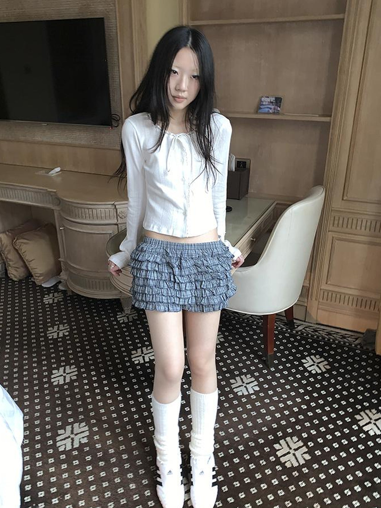 ang project Tiered Sweet Plaid High Waisted Shorts Skirt With Elastic Waistband