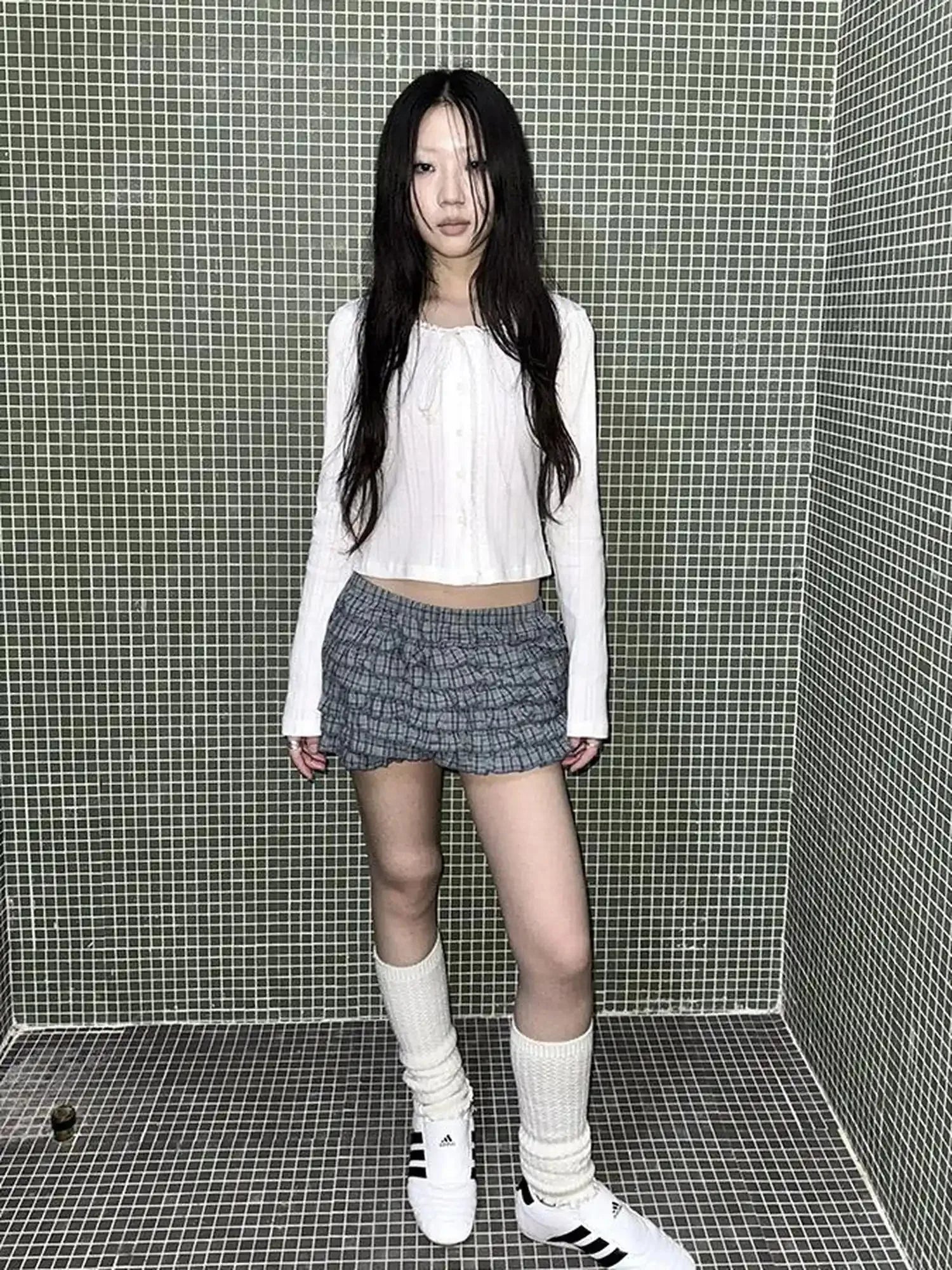 Tiered Sweet Plaid High Waisted Shorts Skirt With Elastic Waistband