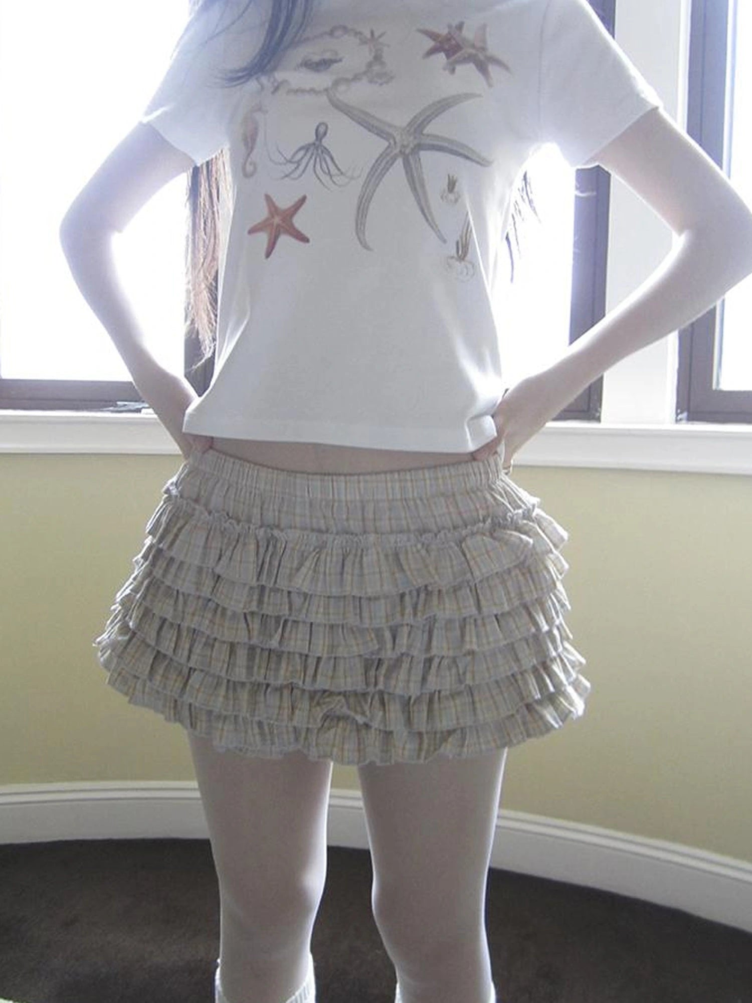 Tiered Sweet Plaid High Waisted Shorts Skirt With Elastic Waistband