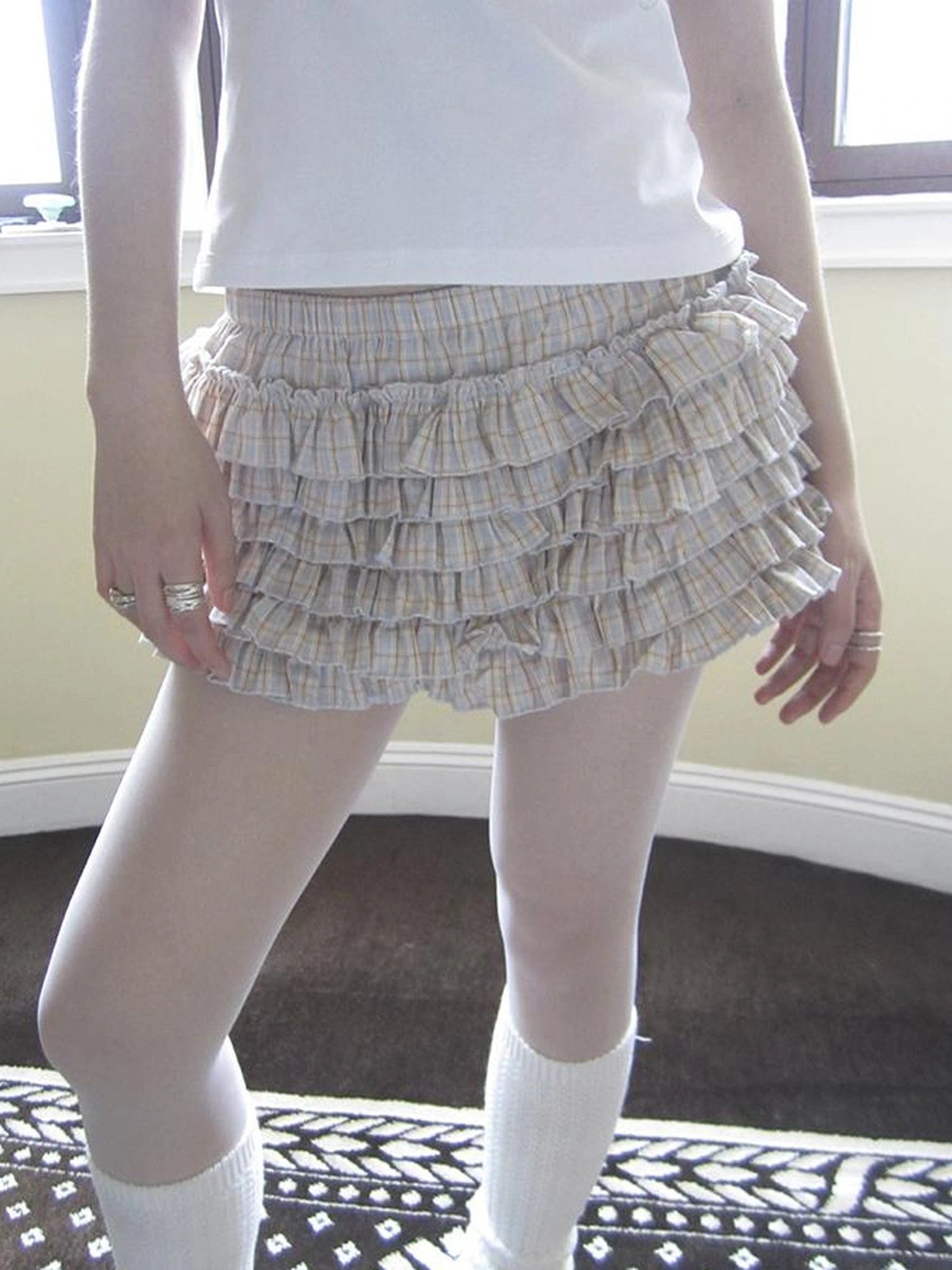 Tiered Sweet Plaid High Waisted Shorts Skirt With Elastic Waistband