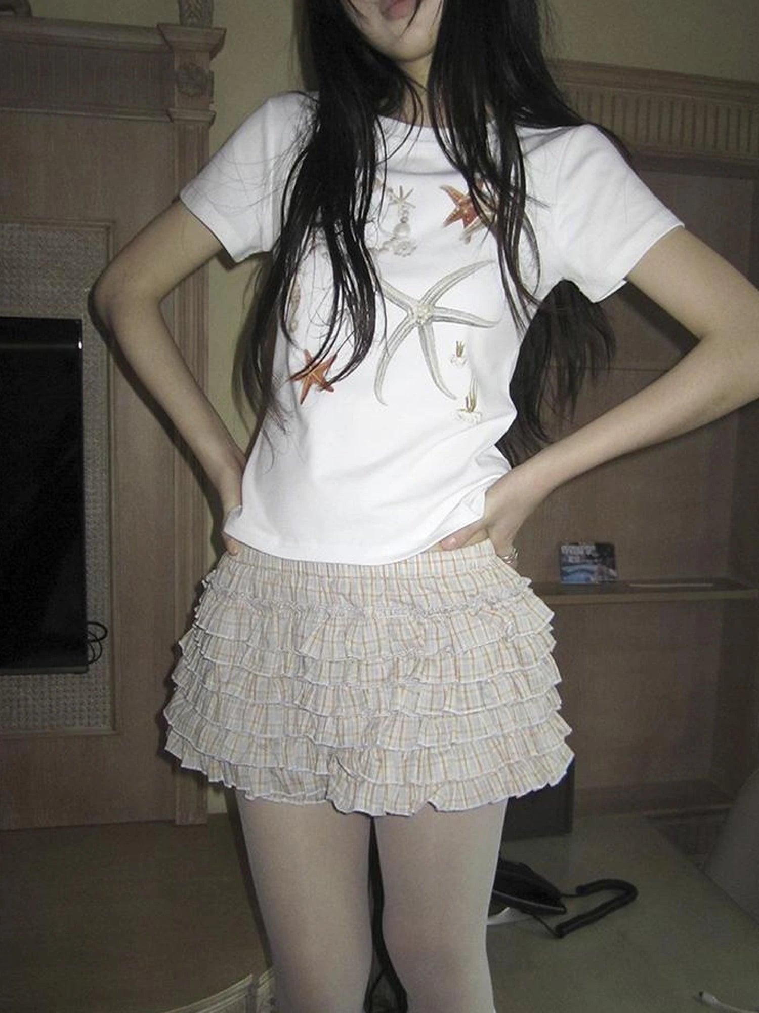 Tiered Sweet Plaid High Waisted Shorts Skirt With Elastic Waistband