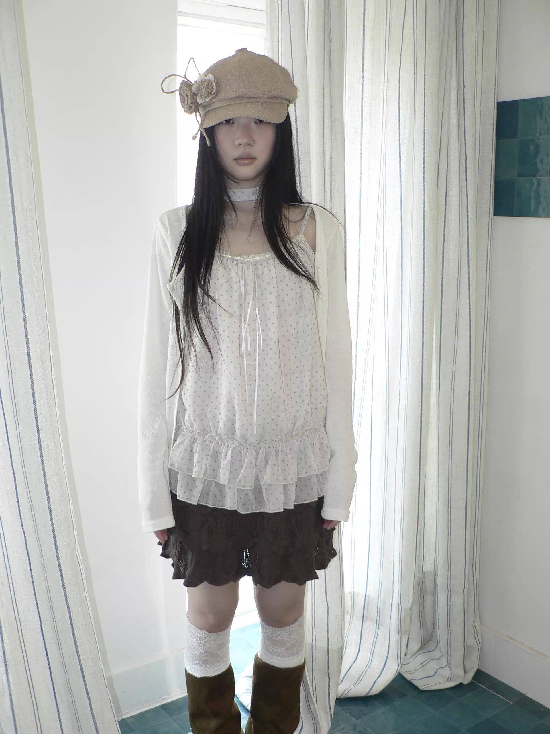 ang project Two Piece Polka Dot Korean Long Sleeve Pullover Women Apricot Mint T-Shirt