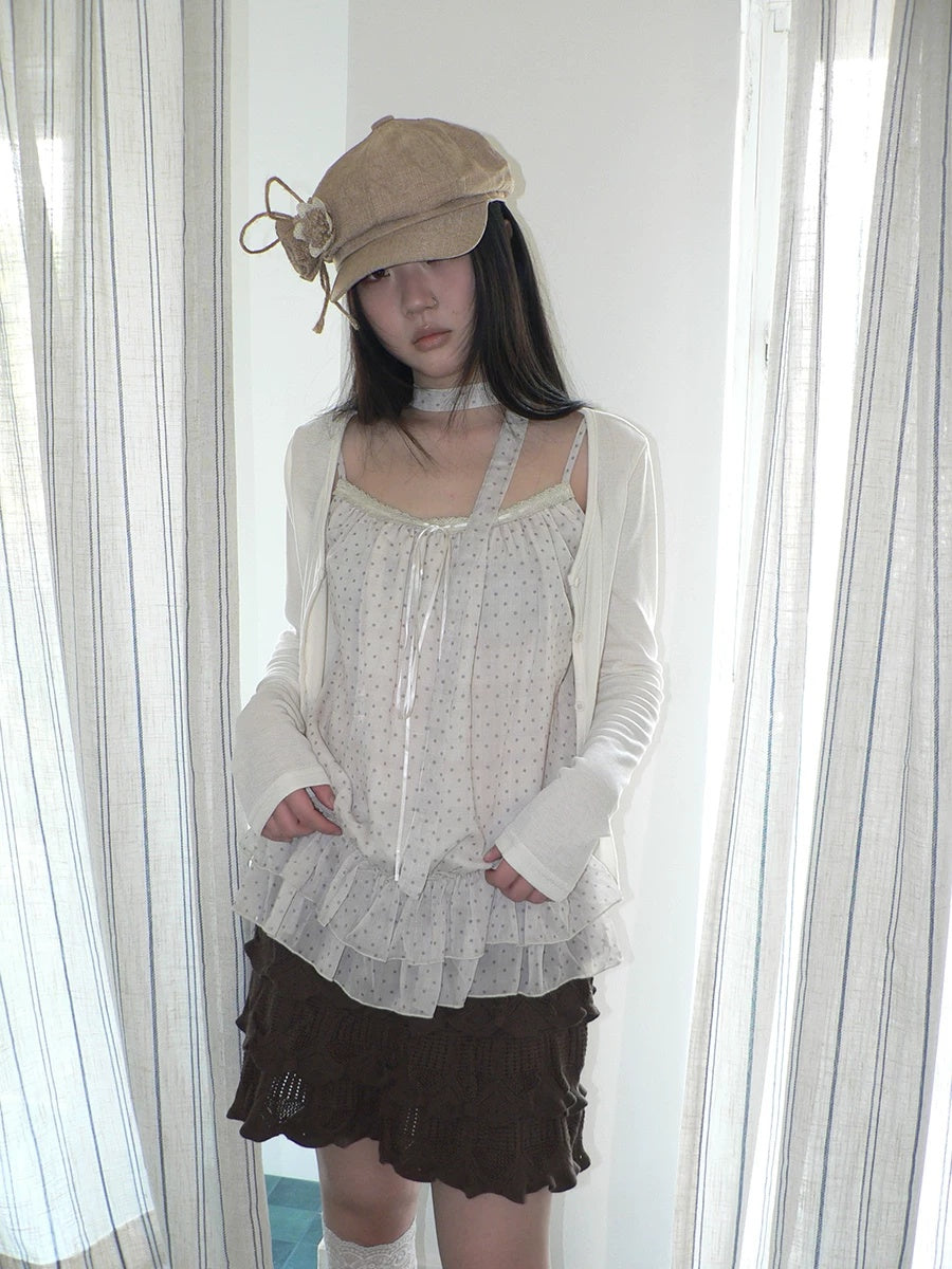 ang project Two Piece Polka Dot Korean Long Sleeve Pullover Women Apricot Mint T-Shirt