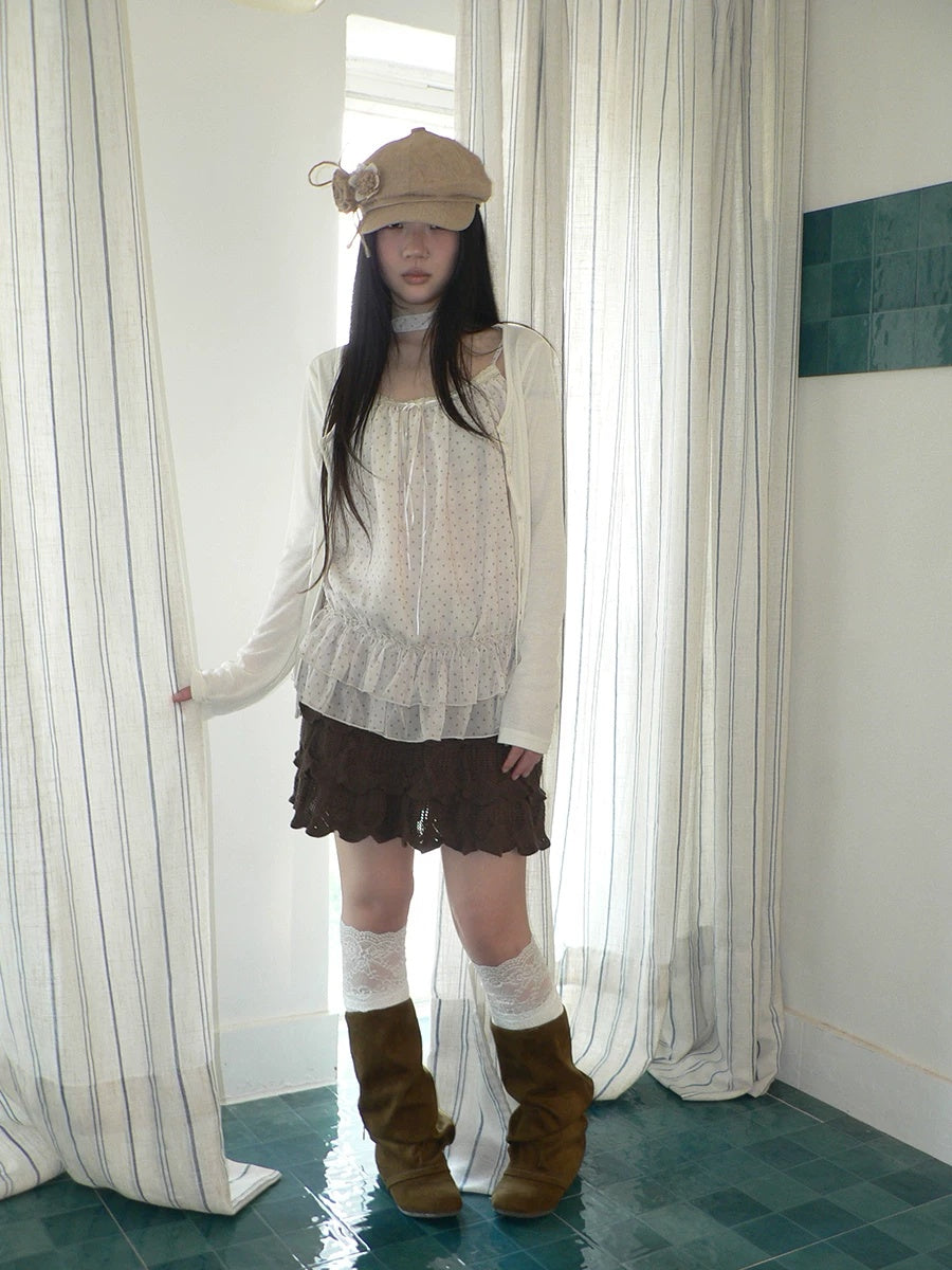 ang project Two Piece Polka Dot Korean Long Sleeve Pullover Women Apricot Mint T-Shirt