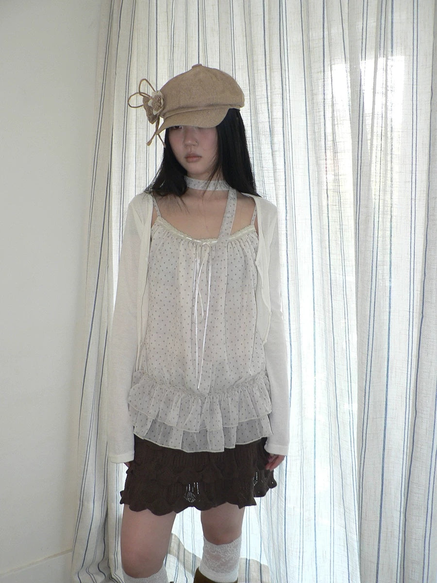 ang project Two Piece Polka Dot Korean Long Sleeve Pullover Women Apricot Mint T-Shirt