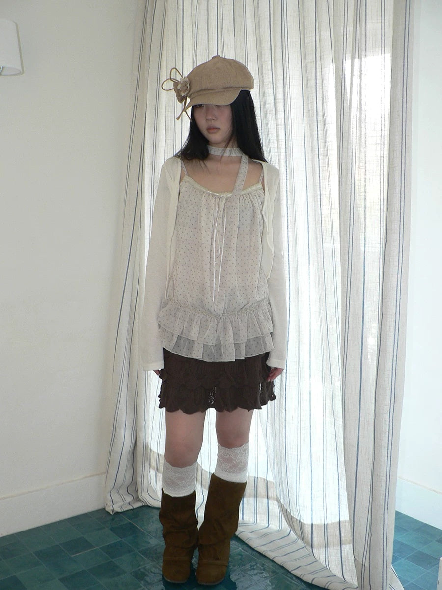 ang project Two Piece Polka Dot Korean Long Sleeve Pullover Women Apricot Mint T-Shirt