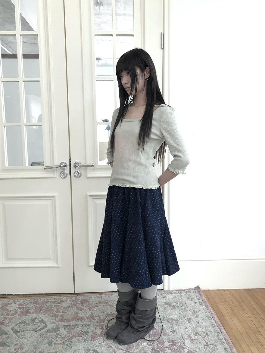 ang project U Neck Lace Spliced Textured Slim Fit Korean Women&