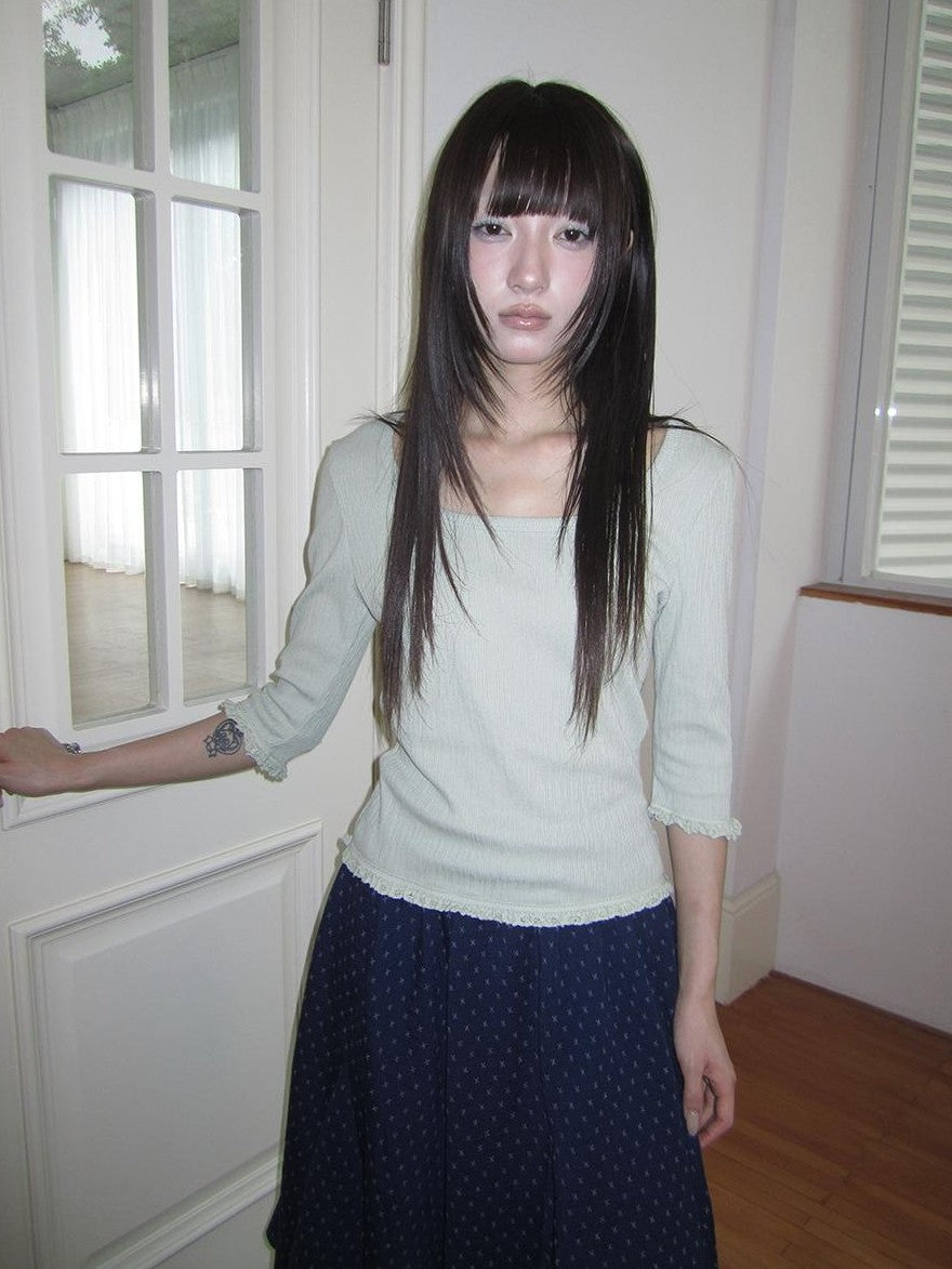 ang project U Neck Lace Spliced Textured Slim Fit Korean Women&