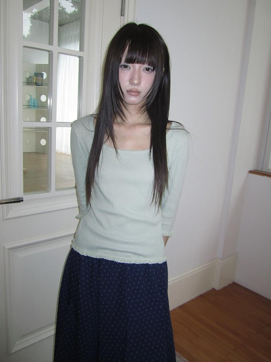 ang project U Neck Lace Spliced Textured Slim Fit Korean Women&