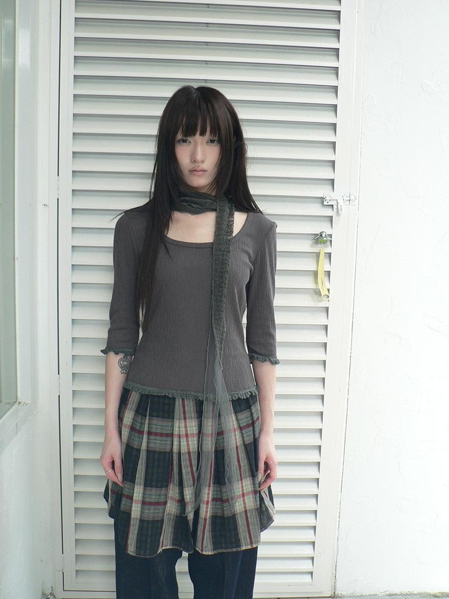 ang project U Neck Lace Spliced Textured Slim Fit Korean Women&
