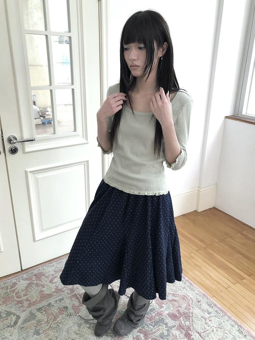 ang project U Neck Lace Spliced Textured Slim Fit Korean Women&