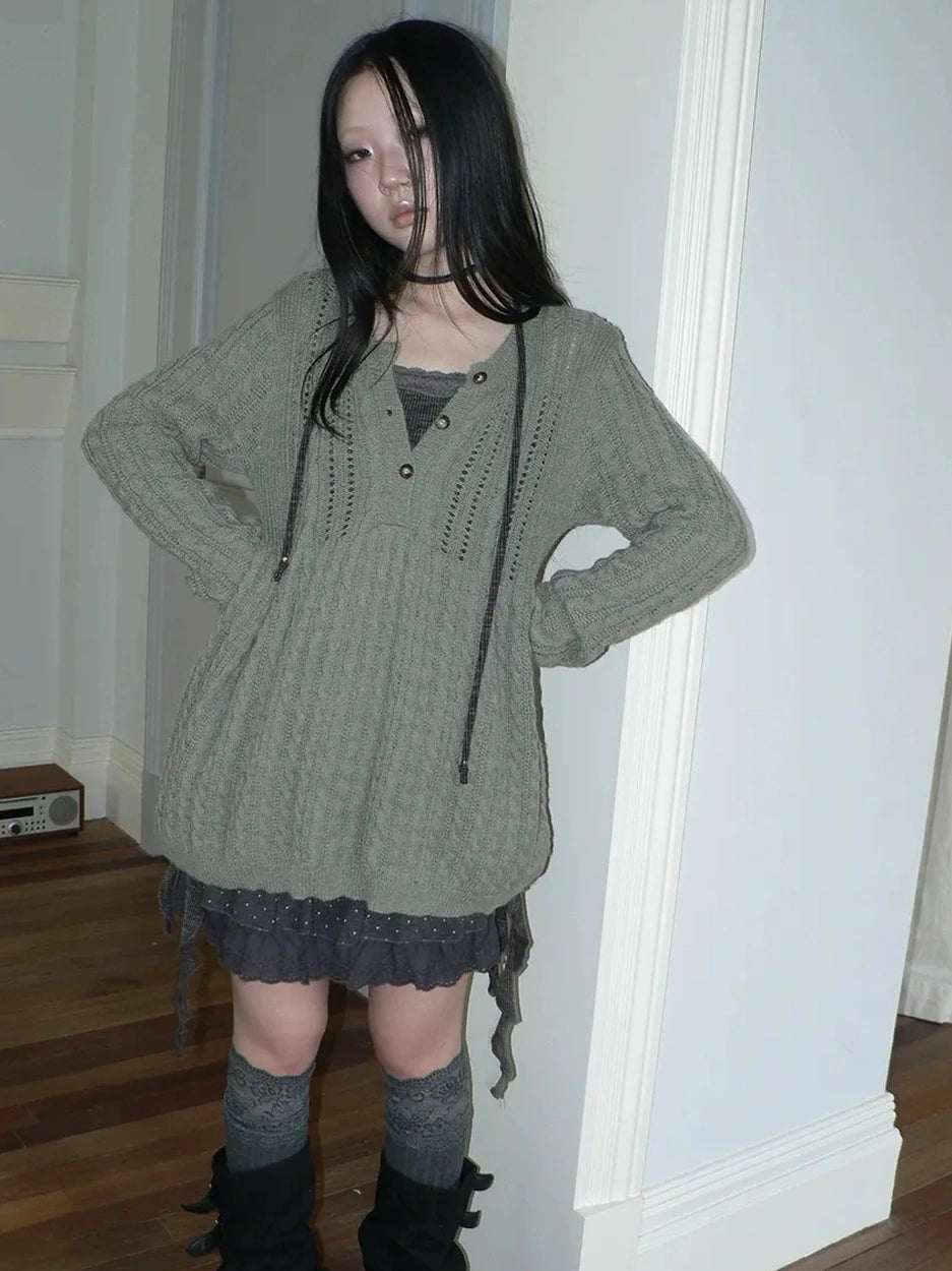 ang project V-Neck Button-Detail Loose Fit Crochet Knit Sweater Sweater