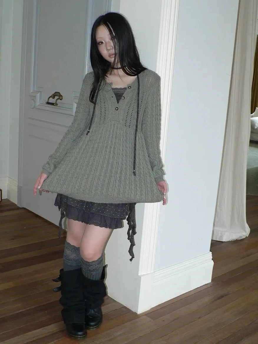 ang project V-Neck Button-Detail Loose Fit Crochet Knit Sweater Sweater