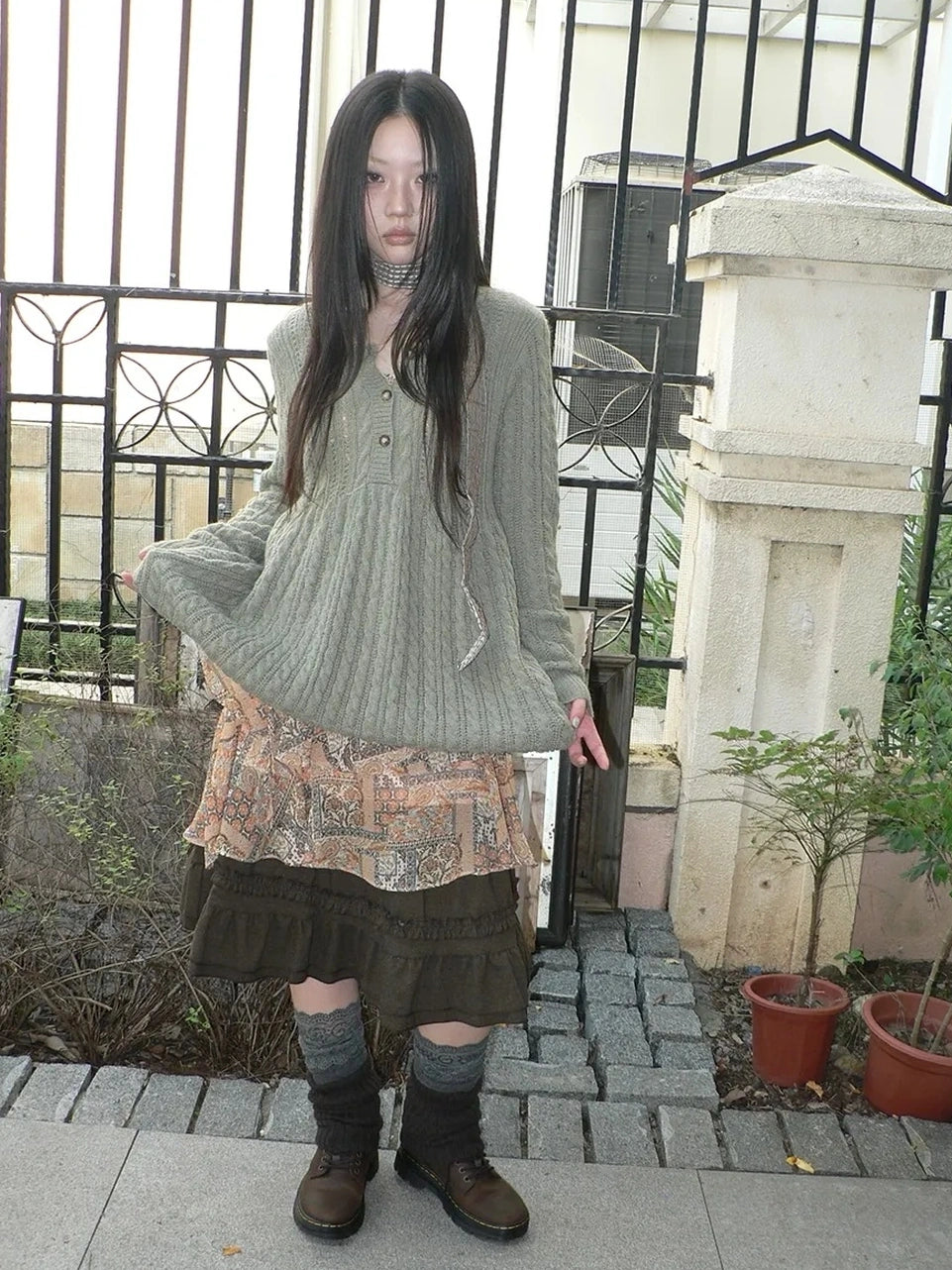 ang project V-Neck Button-Detail Loose Fit Crochet Knit Sweater Sweater