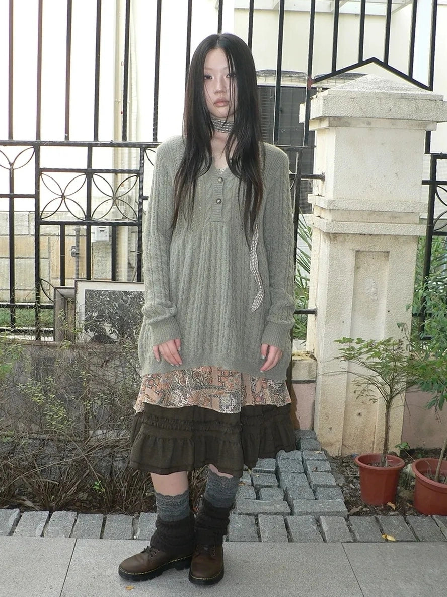 ang project V-Neck Button-Detail Loose Fit Crochet Knit Sweater Sweater